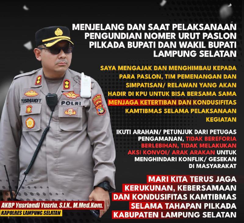 Jelang Pengundian Nomor Urut Calon Bupati dan Wakil Bupati Lamsel, Ini Himbauan Polisi