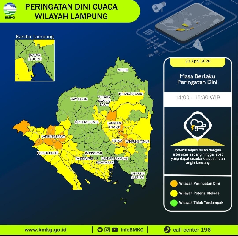 BMKG Lampung Keluarkan Peringatan Dini Hujan Lebat dan Angin Kencang hingga Sore Hari