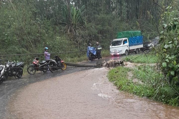 Satu Tiang Listrik Roboh, Jalan Lintas Liwa-Ranau Macet Total