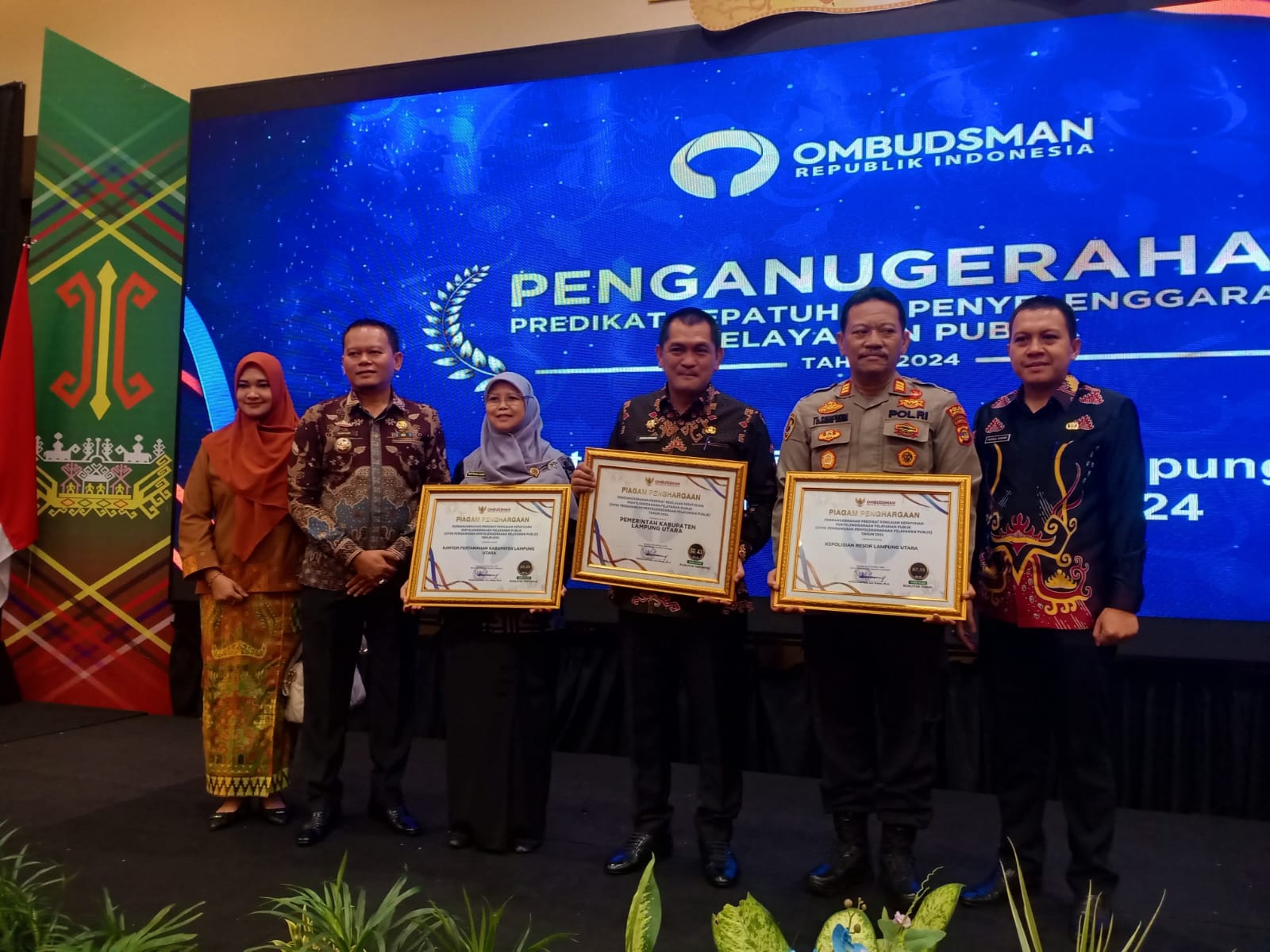 Polres Lampung Utara Raih Penghargaan Pelayanan Publik 2024 dari Ombudsman RI