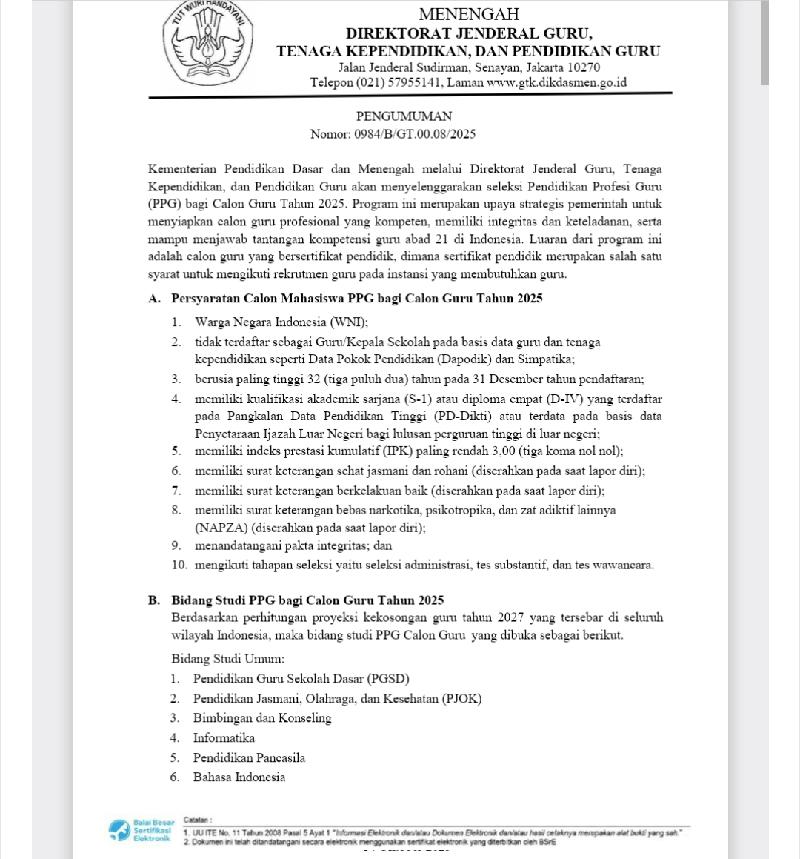 Kemendikdasmen Buka Seleksi PPG Calon Guru 2025, Ini Syarat dan Jadwal Pendaftarannya