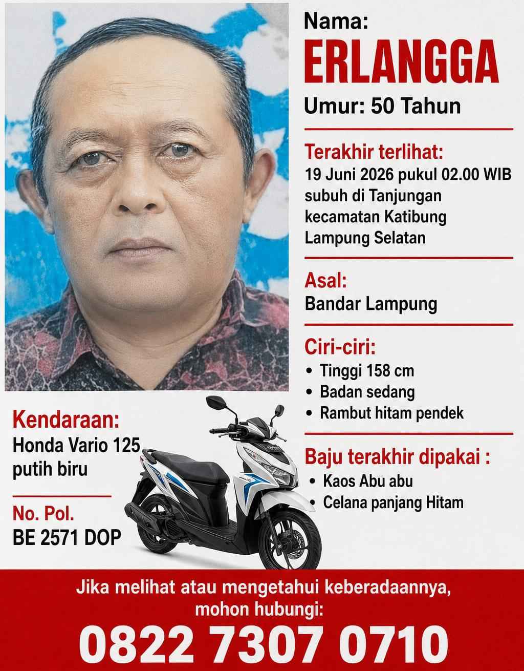 PNS Bandar Lampung Dilaporkan Hilang, Keluarga Minta Bantuan Masyarakat