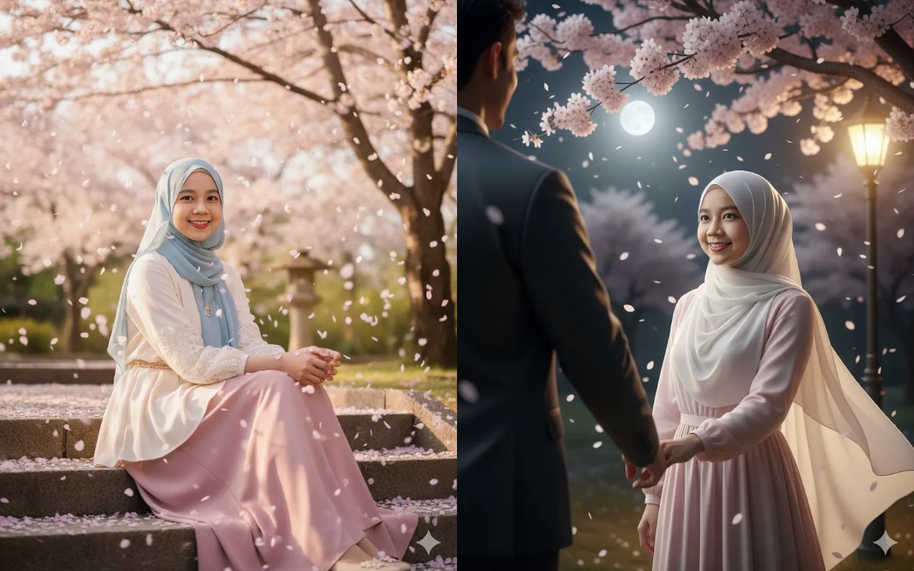 10 Prompt Gemini AI Edit Foto Hijab Sinematik Bernuansa Sakura