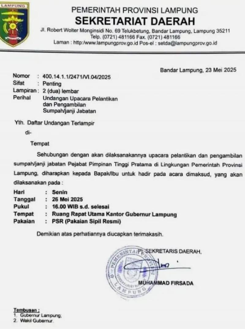 Sore Ini Pemprov Lampung Akan Gelar Pelantikan Pejabat Eselon II, Direktur RSUAM Berganti