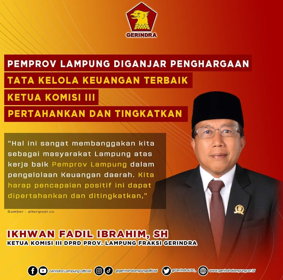 Pemprov Lampung Diganjar Penghargaan Tata Kelola Keuangan Terbaik, Ini Kata Ketua Komisi III