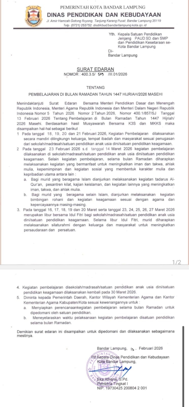 Disdikbud Bandar Lampung Atur Kegiatan Belajar Selama Ramadhan 1447 H