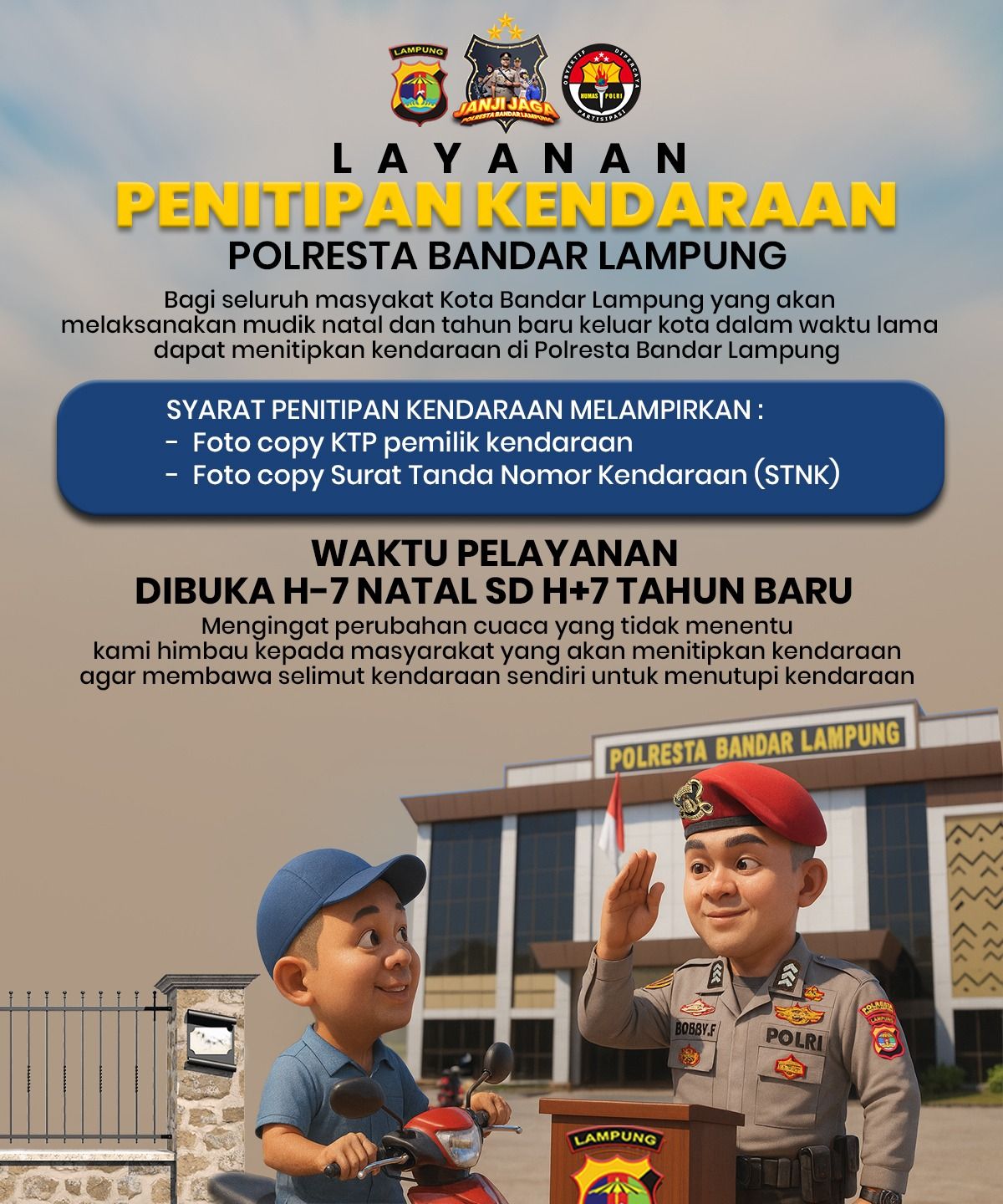 Mudik Nataru Aman, Polresta Bandar Lampung Sediakan Penitipan Kendaraan Gratis