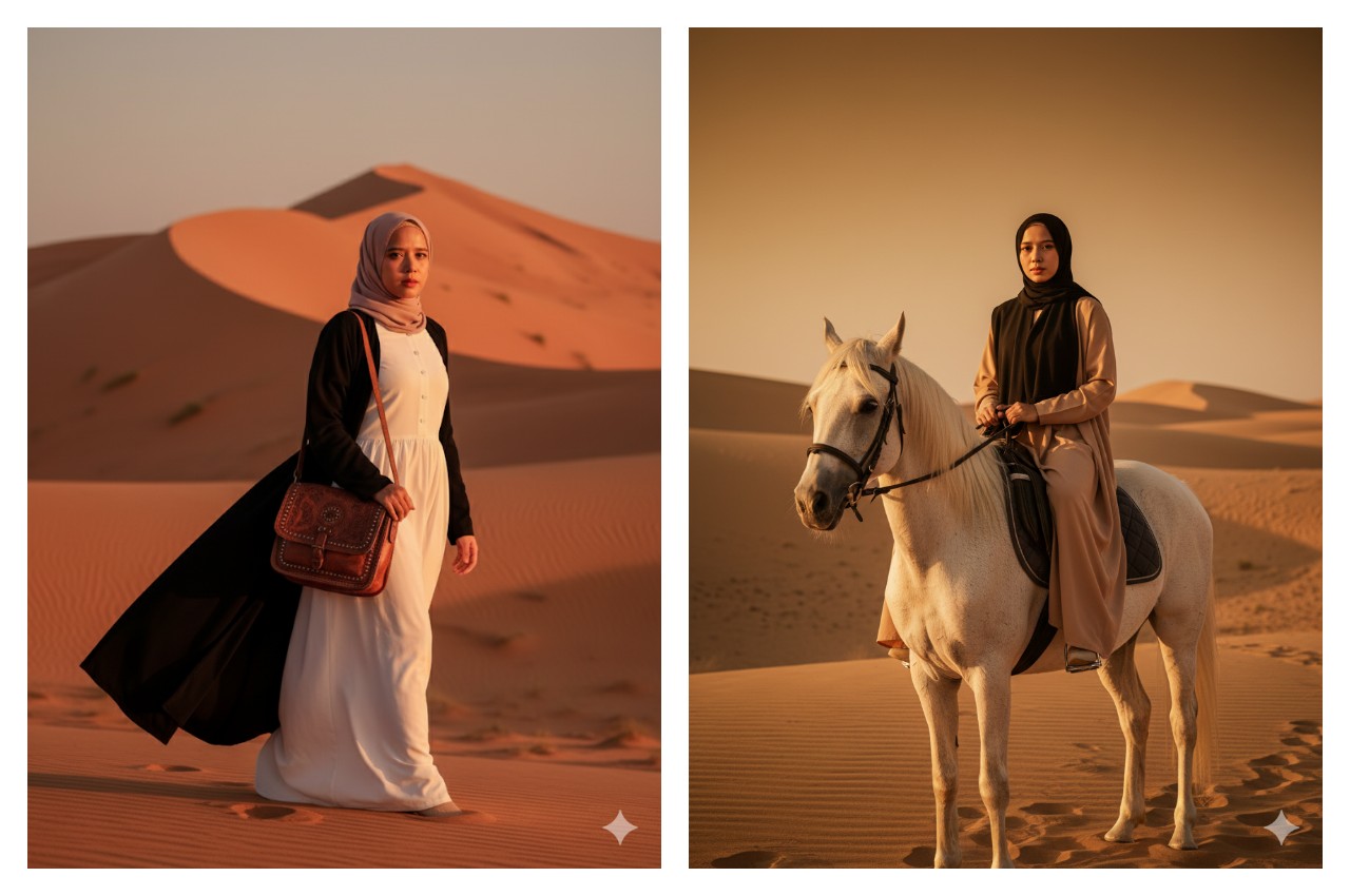 10 Prompt Gemini AI yang Bikin Foto Hijab Nuansa Padang Pasir, Hangat Natural