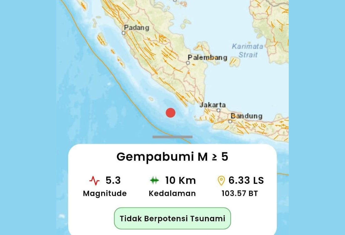 Pesisir Barat Diguncang Gempa Bumi Berkekuatan Magnitudo 5,3