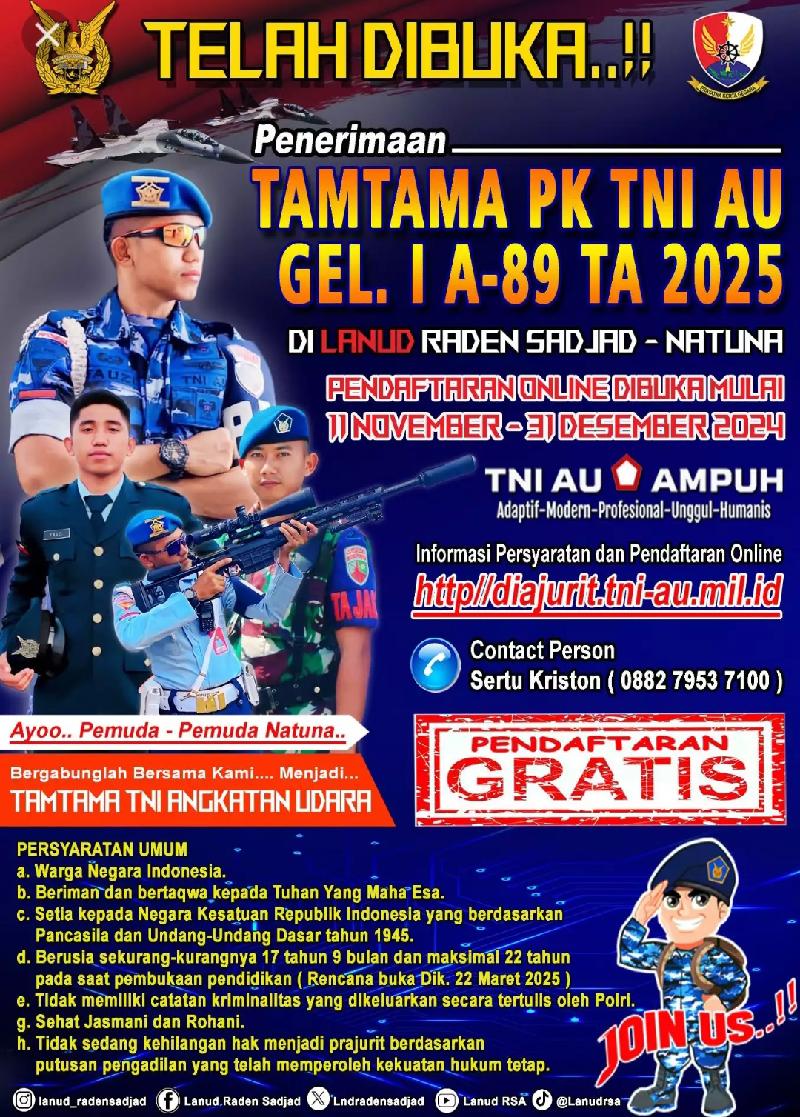 Pendaftaran Calon Bintara PK TNI AU 2025 Gelombang 1 Dibuka, Ini Syaratnya