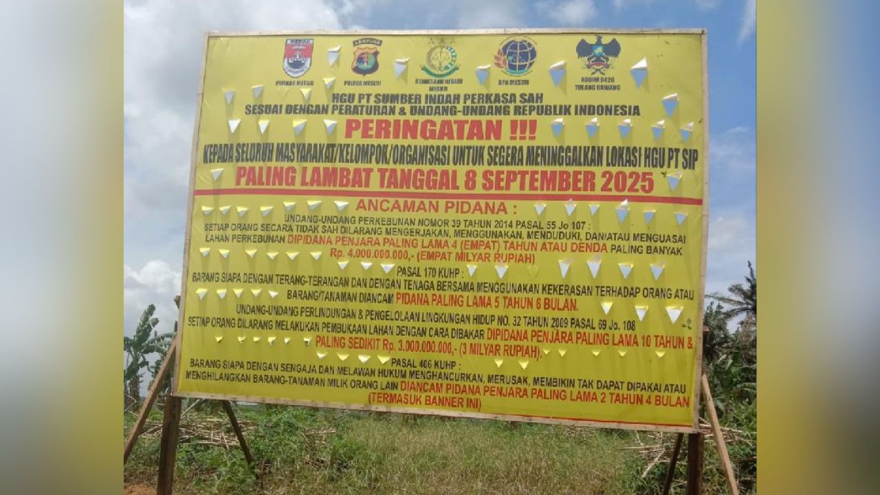 Spanduk Peringatan PT SIP Picu Kekhawatiran Konflik Agraria di Mesuji