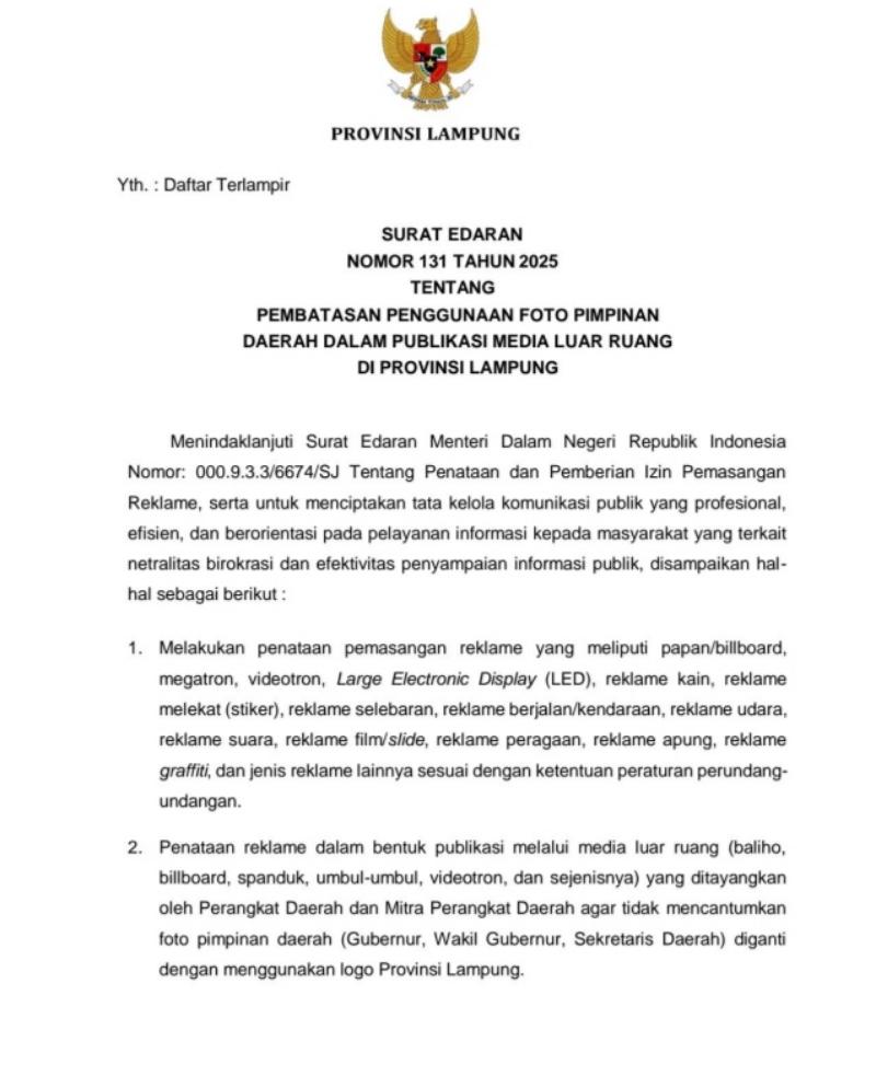 Pemprov Lampung Batasi Penggunaan Foto Pejabat dalam Publikasi Media Luar Ruang