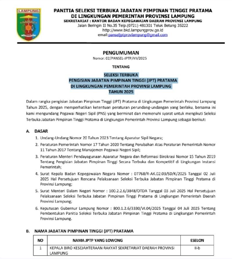Pemprov Lampung Buka Seleksi Terbuka Jabatan Kepala Biro Kesra, Berikut Tahapannya