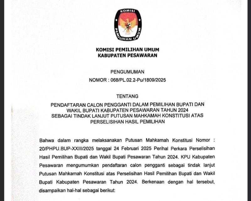 KPU Umumkan Jadwal Pendaftaran Calon Bupati Kabupaten Pesawaran