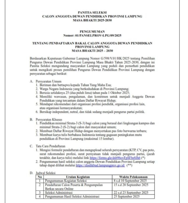 Masyarakat Lampung Dapat Mendaftar Jadi Anggota Dewan Pendidikan, Berikut Tahapannya