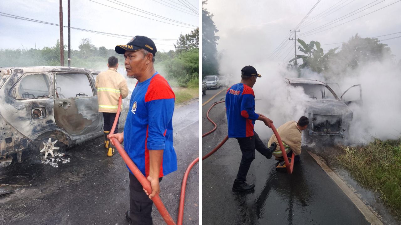 Mobil Avanza Terbakar di Jalinsum Blambangan, Polisi dan Damkar Bergerak Cepat