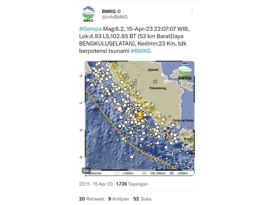 Gempa 6,2 SR di Bengkulu Selatan, Terasa Kuat Di Lambar dan Pesbar 