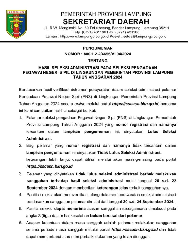 Pemprov Lampung Umumkan 5.174 Pelamar CPNS Lolos Seleksi Administrasi