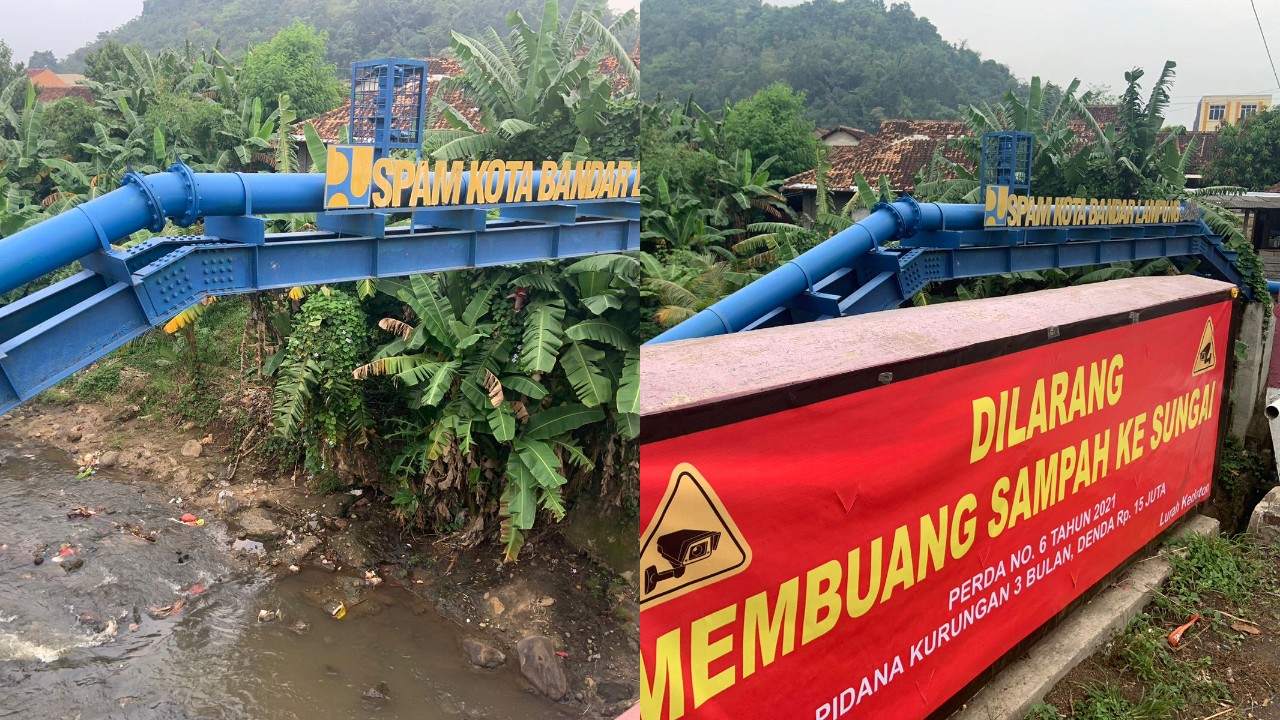 Sampah Masih Menumpuk di Sungai Bawah Jembatan SPAM Bandar Lampung Meski Ada Larangan