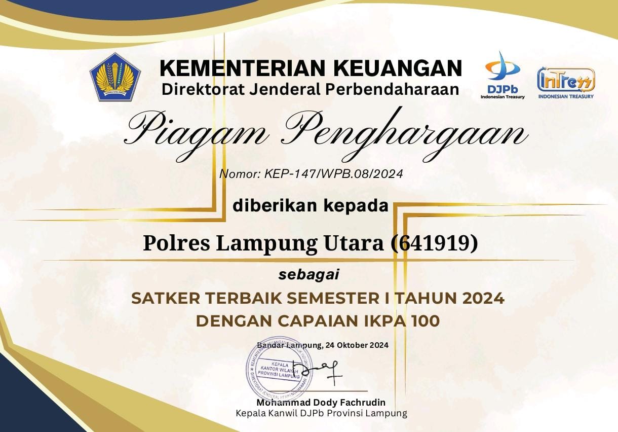 Polres Lampung Utara Raih Penghargaan dari Kementerian Keuangan atas Pengelolaan Anggaran yang Transparan