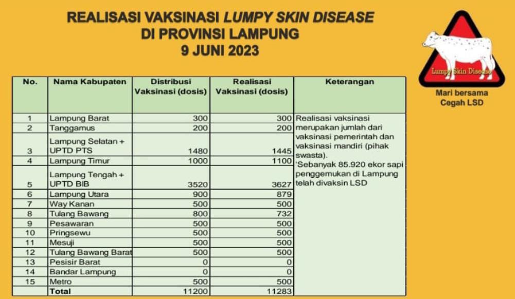 Disnakkeswan Lampung Terima 100 Ribu Vaksin LSD untuk 15 Kabupaten/Kota