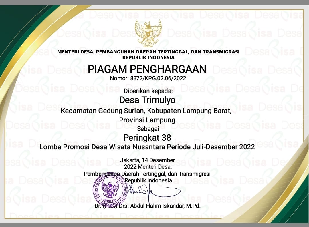 Pekon Trimulyo Terima Piagam Promosi Wisata Nusantara dari Menteri Desa PDTT