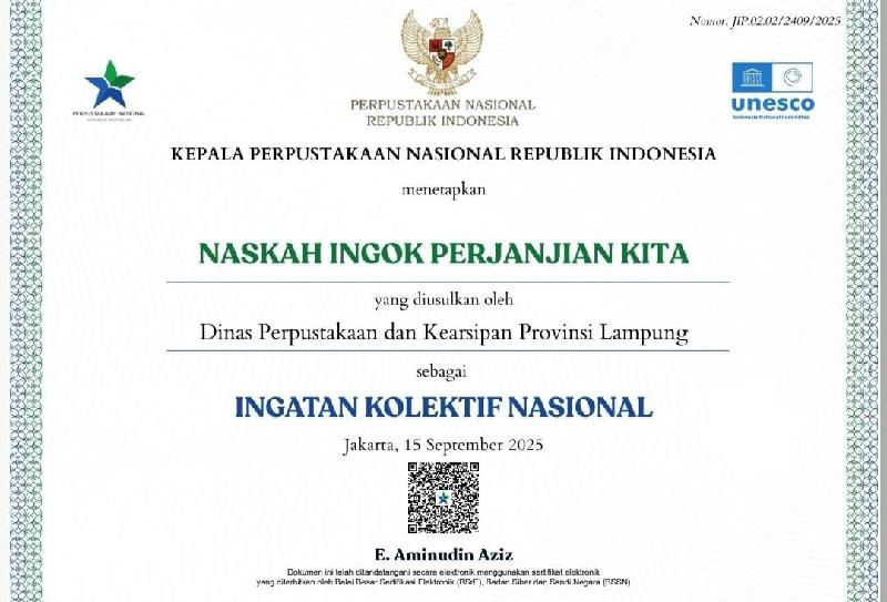 Dua Naskah Kuno Lampung Raih Sertifikat IKON 2025 dari Perpusnas RI