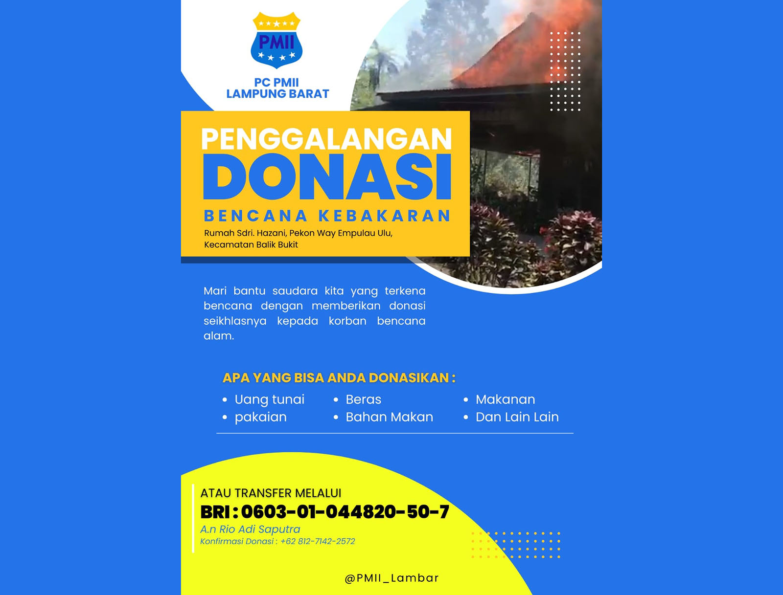 PC PMII Lampung Barat Galang Donasi Bantu Korban Musibah Kebakaran di Way Empulau Ulu