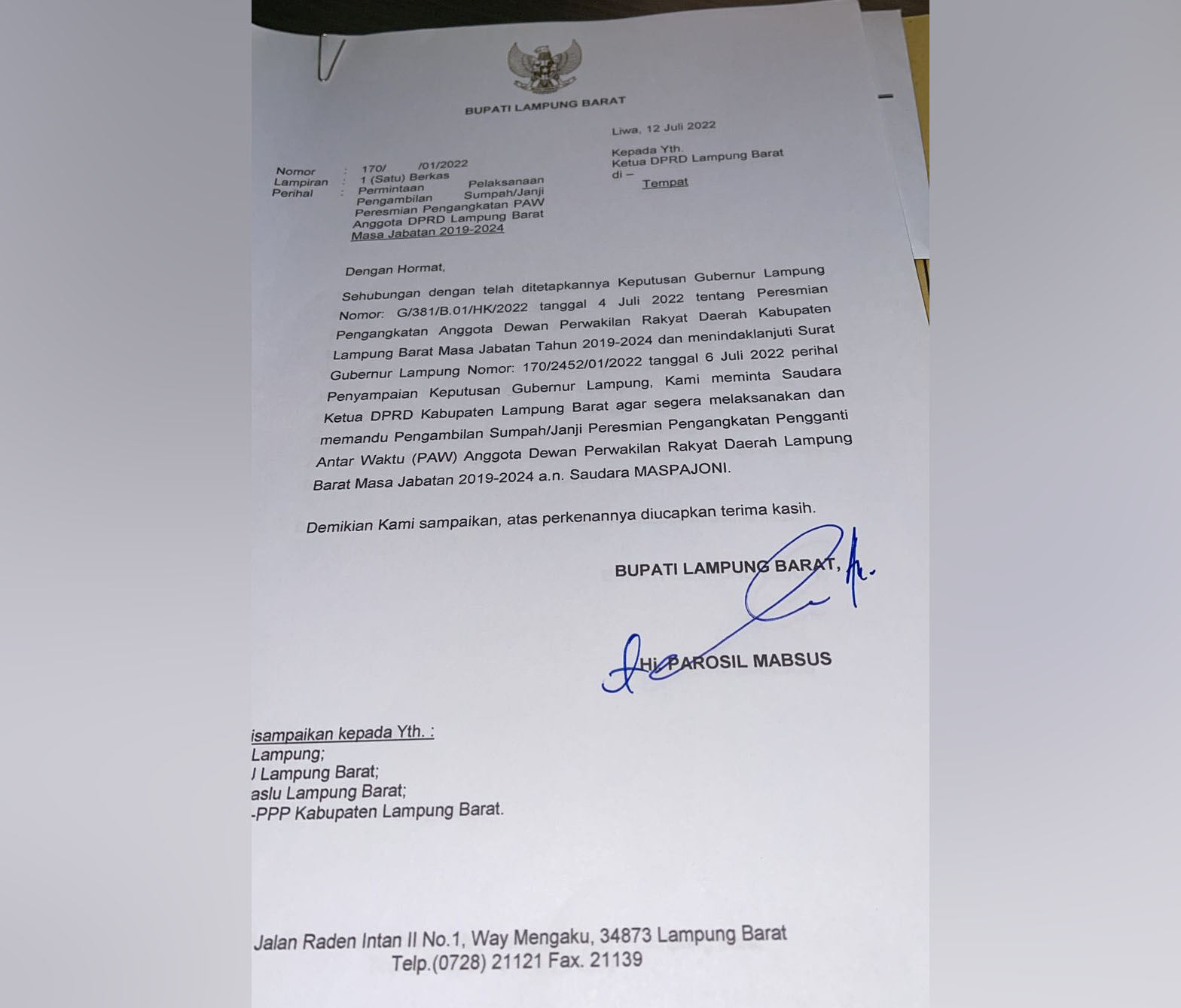 Gubernur Terbitkan SK PAW Maspajoni, Parosil Minta DPRD Segera Resmikan Pengangkatan