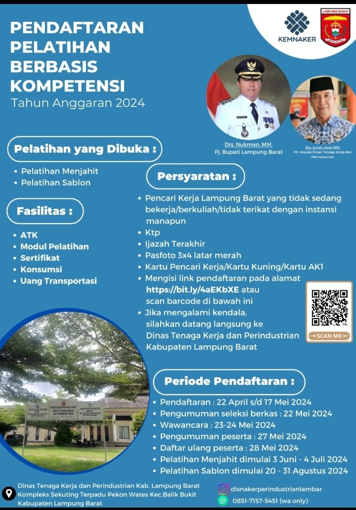 Dinas Tenaga Kerja dan Perindustrian Lampung Barat Buka Pendaftaran Pelatihan Berbasis Kompetensi