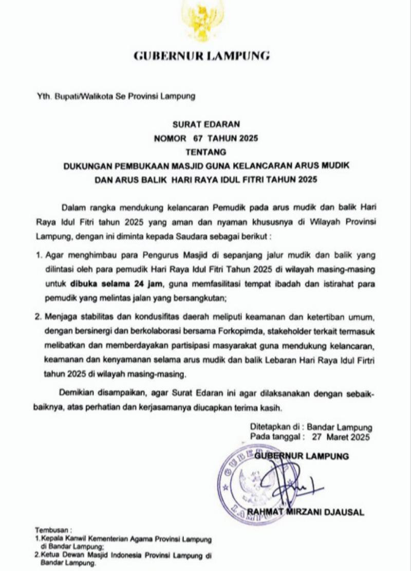 Gubernur Lampung Minta Masjid di Jalur Mudik Buka 24 Jam