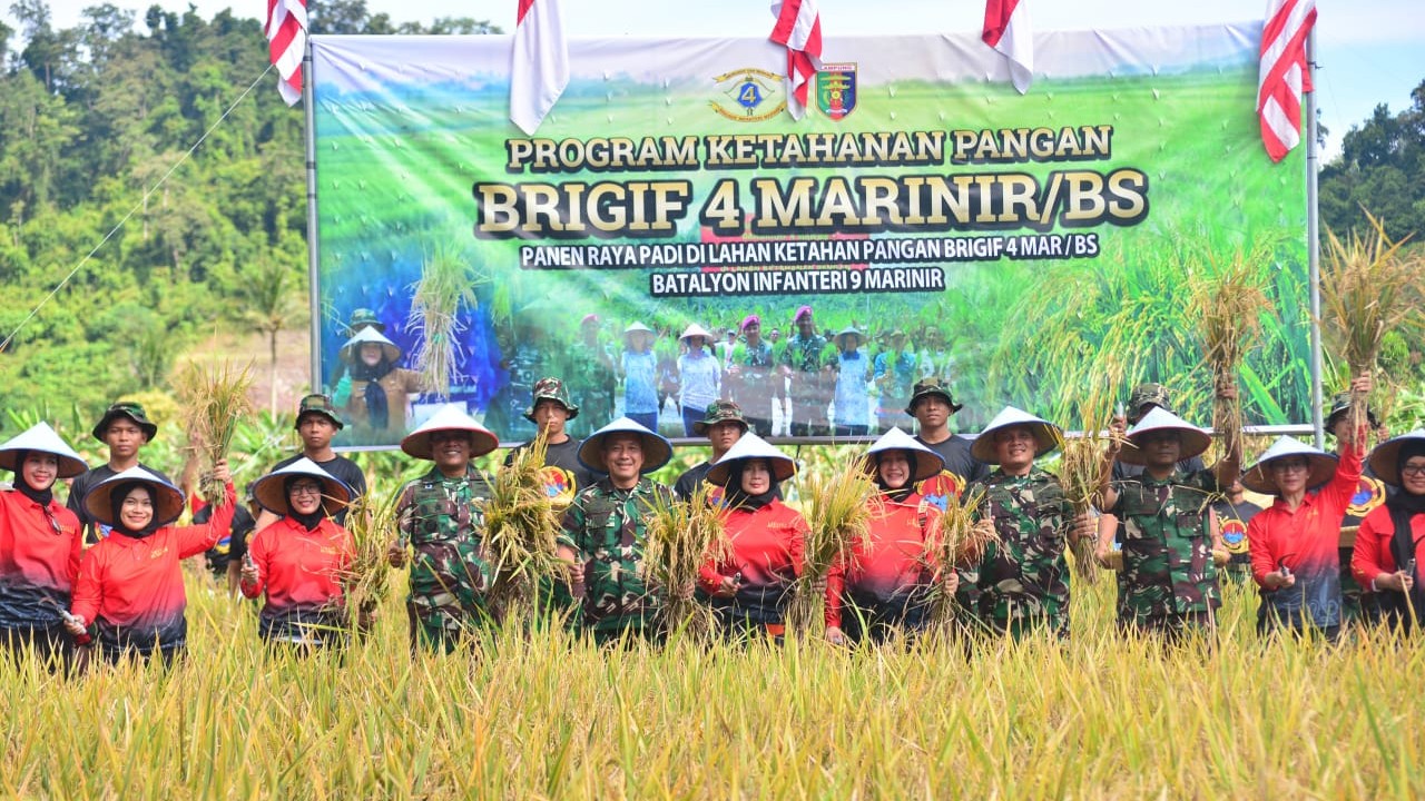 Wujudkan Swasembada Pangan, Yonif 9 Marinir Panen Raya Padi di Teluk Pandan