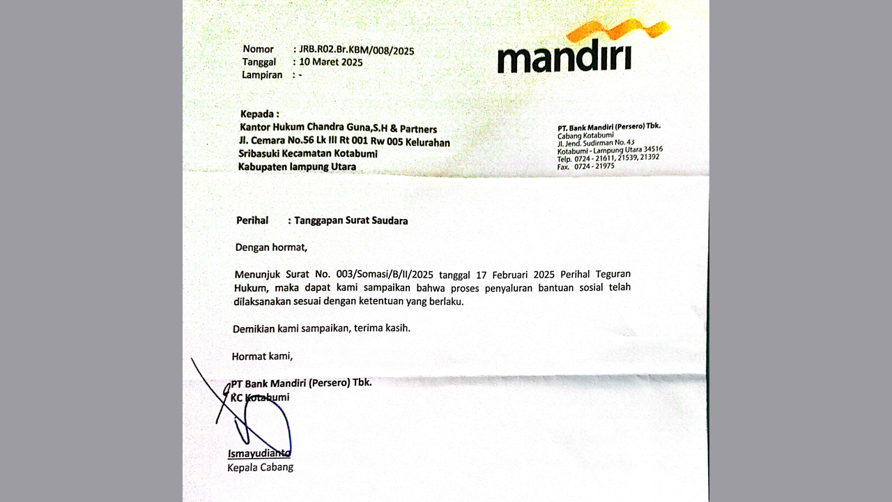 Bank Mandiri Cabang Kotabumi Bantah Dugaan Sistem Ganda dalam Penyaluran BPNT Meski Ada Bukti