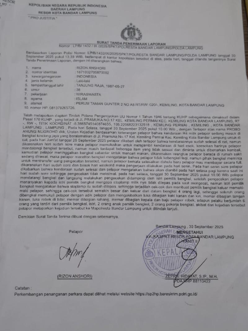 Komplain Cat Mobil Berujung Cekcok, Dua Warga Bandar Lampung Jadi Korban Pengeroyokan