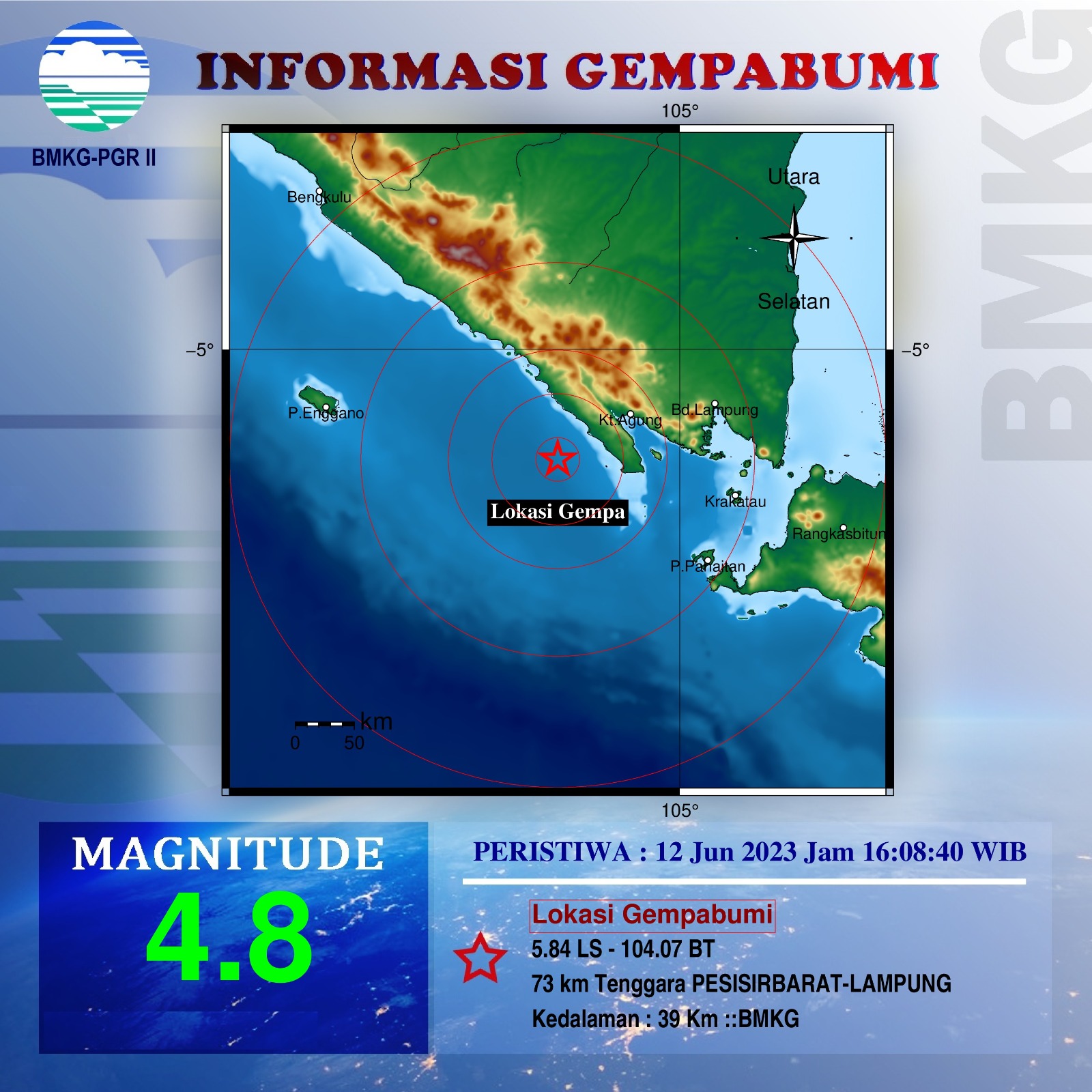 Getaran Gempa 4,8 SR di Pesisir Barat Terasa Kuat di Lampung Barat