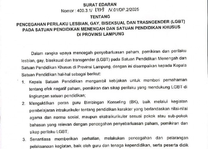 Disdikbud Lampung Terbitkan Edaran Cegah Perilaku LGBT di Sekolah, Dapat Dukungan Tokoh Masyarakat