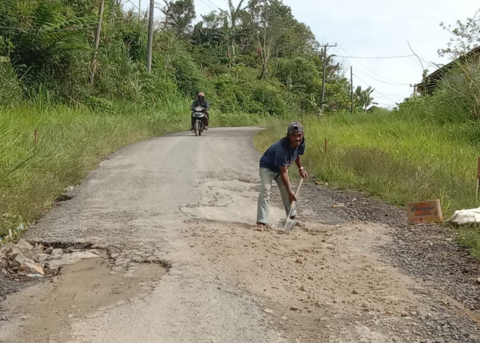 Warga  Pampangan Tambal Jalan Sembari Tunggu Perbaikan Permanen