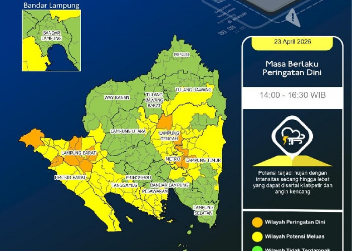 BMKG Lampung Keluarkan Peringatan Dini Hujan Lebat dan Angin Kencang hingga Sore Hari