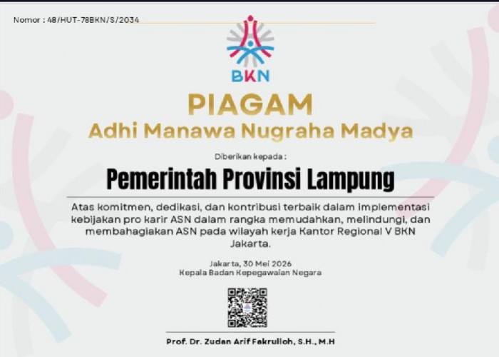 Pemprov Lampung Raih Penghargaan Adhi Manawa Nugraha Madya dari BKN