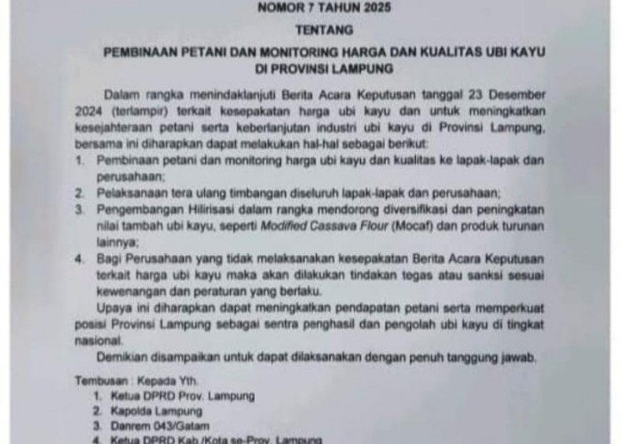 Pj Gubernur Samsudin Terbitkan SE Bela Kesejahteraan Petani Dan Keberlanjutan Industri Ubi Kayu Lampung