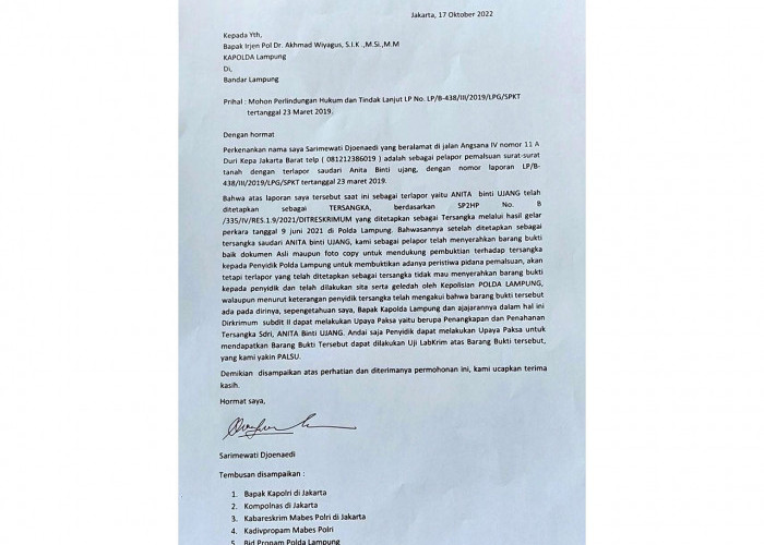 Terkendala Barang Bukti, Pelapor Kasus Pemalsuan AJB Surati Kapolda Lampung