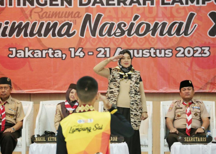 Wagub Nunik Lepas Kontingen Pramuka Lampung Ikuti Raimuna Nasional di Cibubur