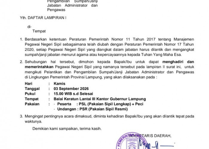 Pemprov Lampung Rolling Pejabat Sore Ini