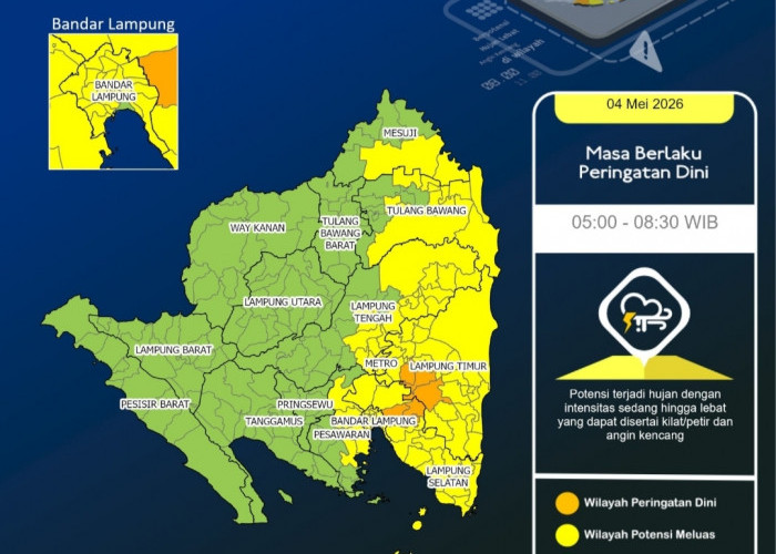 Peringatan Cuaca Lampung 4 Mei 2026 Hujan Lebat dan Angin Kencang Berpotensi Meluas Sejak Pagi
