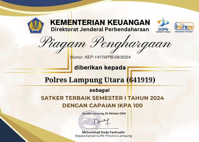 Polres Lampung Utara Raih Penghargaan dari Kementerian Keuangan atas Pengelolaan Anggaran yang Transparan