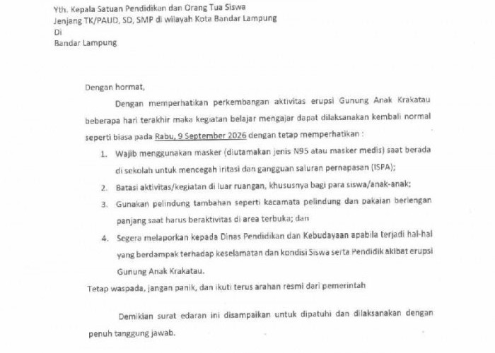 KBM Tatap Muka di Bandar Lampung Kembali Normal Mulai 9 September 2026