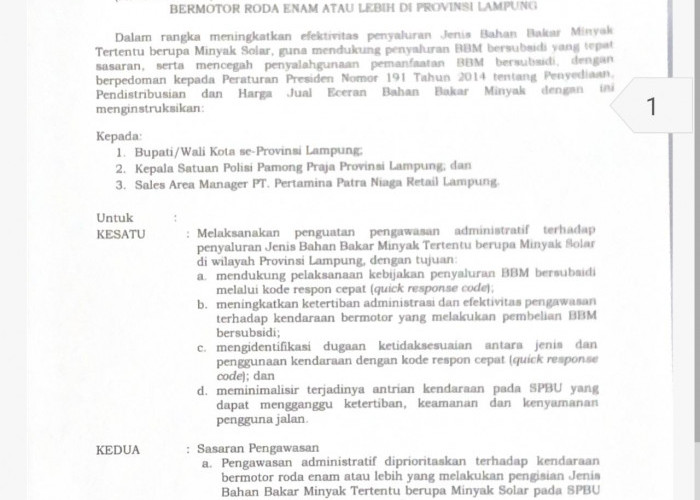 Ingub Nomor 6 Tahun 2026 Terbit, Pembelian Solar Subsidi di Lampung Diperketat