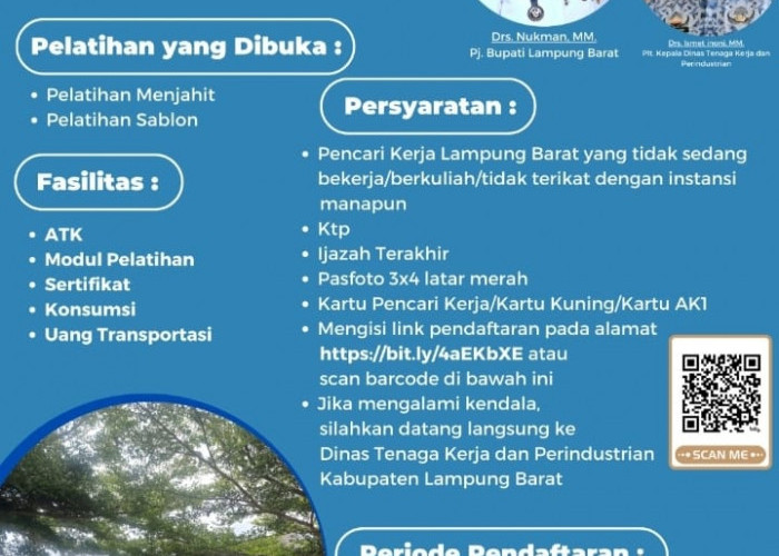 Dinas Tenaga Kerja dan Perindustrian Lampung Barat Buka Pendaftaran Pelatihan Berbasis Kompetensi