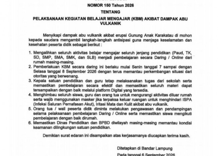 Imbas Abu Vulkanik Anak Krakatau, Gubernur Lampung Minta Sekolah Terapkan Pembelajaran Daring