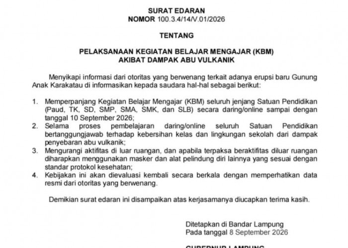 Pemprov Lampung Perpanjang Sekolah Daring hingga 10 September Imbas Abu Anak Krakatau